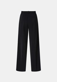 Pantaloni neri a gamba larga con fronte piatto, due tasche frontali e una tasca posteriore singola. Realizzati in tessuto liscio e leggero.