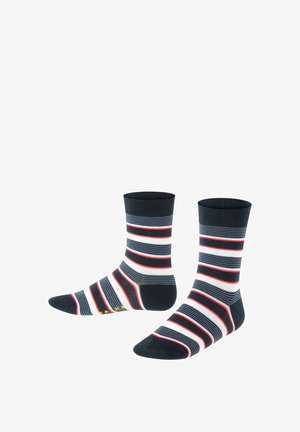 Skarpetki w paski w kolorach granatowym, białym i czerwonym. Żebrowany mankiet, miękka tekstura, średnia długość z wyraźnym wzorem. Akcent w postaci żółtego logo.