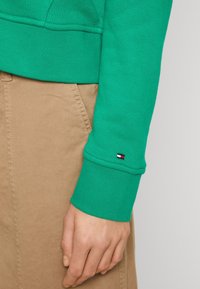 Sweat à capuche vert avec des poignets côtelés, fait d'un matériau doux. Présente une petite étiquette de logo en rouge, blanc et bleu sur la manche. Tissu marron visible en dessous.