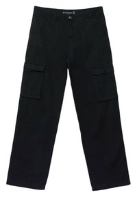 Pantalon cargo noir à coupe décontractée, avec deux poches latérales et deux grandes poches plaquées sur les cuisses. Fabriqué en tissu résistant.