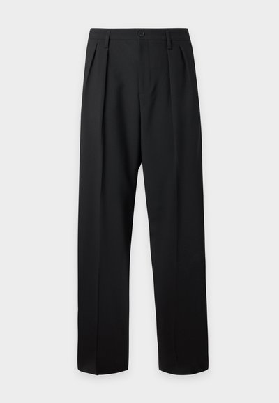 Black formal trousers with pleats, belt loops, and a button closure at the waist, displayed against a plain light background.