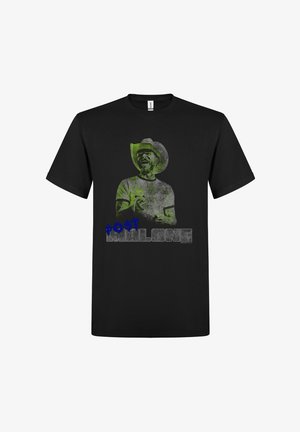 Czarny t-shirt z zielonkawą ilustracją mężczyzny w kapeluszu kowbojskim i napisem „Post Malone” w niebieskich i szarych literach.