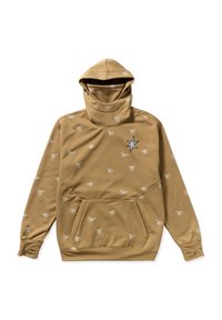 Haut de sweat à capuche beige avec un col montant, présentant un motif de oiseaux blancs répété et une patch étoile noire sur la poitrine. Poche kangourou à l'avant.
