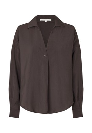 Blouse marron à boutons avec un col cranté, des manches longues et une coupe décontractée. Tissu doux avec un léger éclat et un ourlet arrondi.