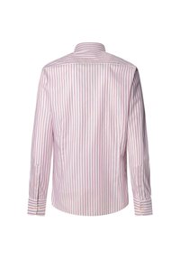 Camicia a righe in rosa chiaro e bianco, con maniche lunghe, colletto a bottone e polsini con chiusura a un bottoncino. Vista posteriore mostrata.