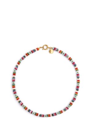 Ketting met kleine meerkleurige schijfkralen en gouden accenten, met een ronde gouden sluiting en een kleine gouden bedel.
