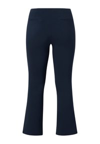 Marineblauwe flared broek met een gladde textuur, voorzien van twee achterzakken en een gestructureerde tailleband. Geschikt voor casual of semi-formele kleding.
