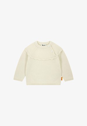 Cremefarbener Strickpullover mit langen Ärmeln, einem gerafften Passe, zwei Knöpfen am Halsausschnitt und einem kleinen Markenschild an der Seite.