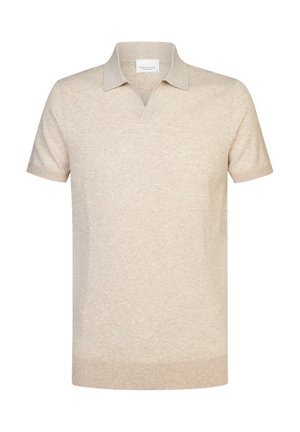 Kurzes beiges gestricktes Poloshirt mit weicher Textur, kurzen Ärmeln, V-Ausschnitt und geripptem Saum sowie Ärmeln.