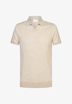 Polo a maglia beige corto con una texture morbida, maniche corte, scollatura a V e bordi a coste all'orlo e alle maniche.