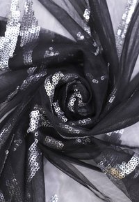 Tessuto in rete nera con paillettes argento, disposte a spirale. La texture è trasparente e leggera, caratterizzata da un motivo decorativo di paillettes.