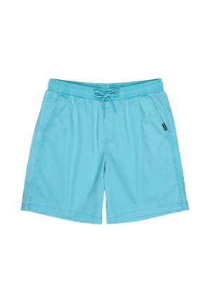 Jasnoniebieskie męskie spodenki kąpielowe z elastycznym pasem, sznurkiem do regulacji, bocznymi kieszeniami i małą czarną metką z logo na szwie prawej kieszeni.