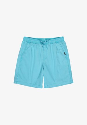 Jasnoniebieskie męskie spodenki kąpielowe z elastycznym pasem, sznurkiem do regulacji, bocznymi kieszeniami i małą czarną metką z logo na szwie prawej kieszeni.