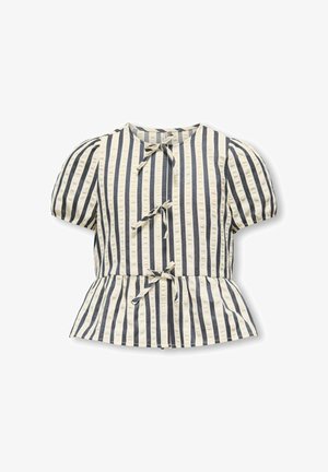 Blusa de manga corta con rayas verticales negras y blancas, cuello redondo, tres cierres de lazo al frente y detalle de cintura peplum.