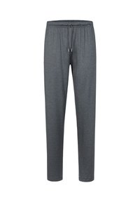 Grå sweatpants med dragsko i midjan, tillverkade av mjukt material. De har elastiska muddar vid anklarna och en slät textur.
