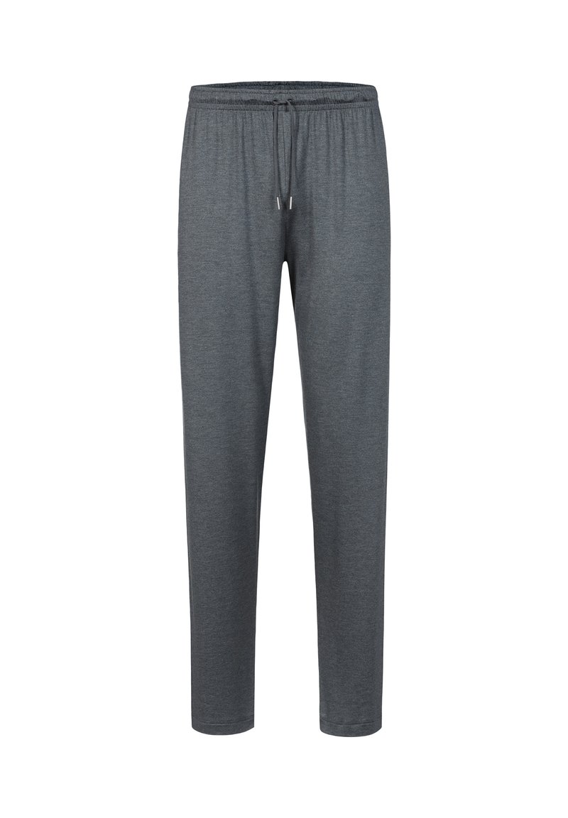 Grå sweatpants med dragsko i midjan, tillverkade av mjukt material. De har elastiska muddar vid anklarna och en slät textur.