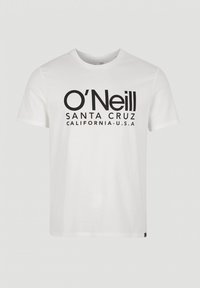 Bílý bavlněný tričko s krátkým rukávem s velkým černým potiskem: "O'Neill SANTA CRUZ CALIFORNIA-U.S.A." na přední straně.