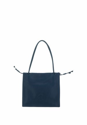 Navy blue leather handbag with a single shoulder strap and drawstring closures on each side, embossed logo on front.