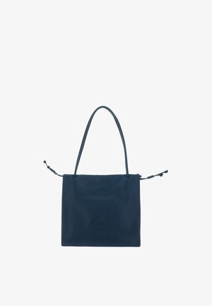 Sac à main en cuir bleu marine avec une seule bandoulière et des fermetures à cordon de serrage de chaque côté, logo embossé à l'avant.
