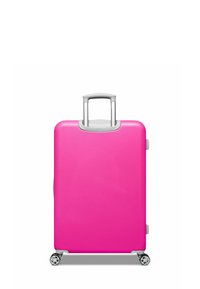 Roze harde koffer met een gladde textuur, een uittrekbare handgreep en vier wielen voor mobiliteit. Eenvoudig ontwerp zonder patronen of accenten.