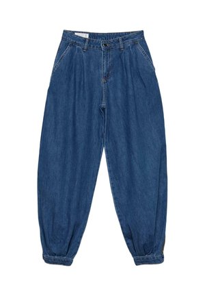 Blå denimbukser med højtaljet, løs pasform, plisseringer, tilspidsede ben, sidelommer og knaplukning ved taljen.