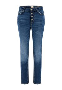 Keskmise sinise värvusega teksad otse lõikega. Vöökoht on kaunistatud viie dekoratiivse nupuga ning neil on peen hajumine tekstuuri loomiseks.