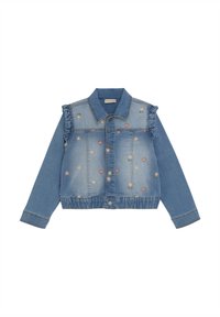 Denim jack met geborduurde bloemontwerpen in roze, geel en blauw, met ruches op de schouders, knoopsluiting en elastische tailleband.