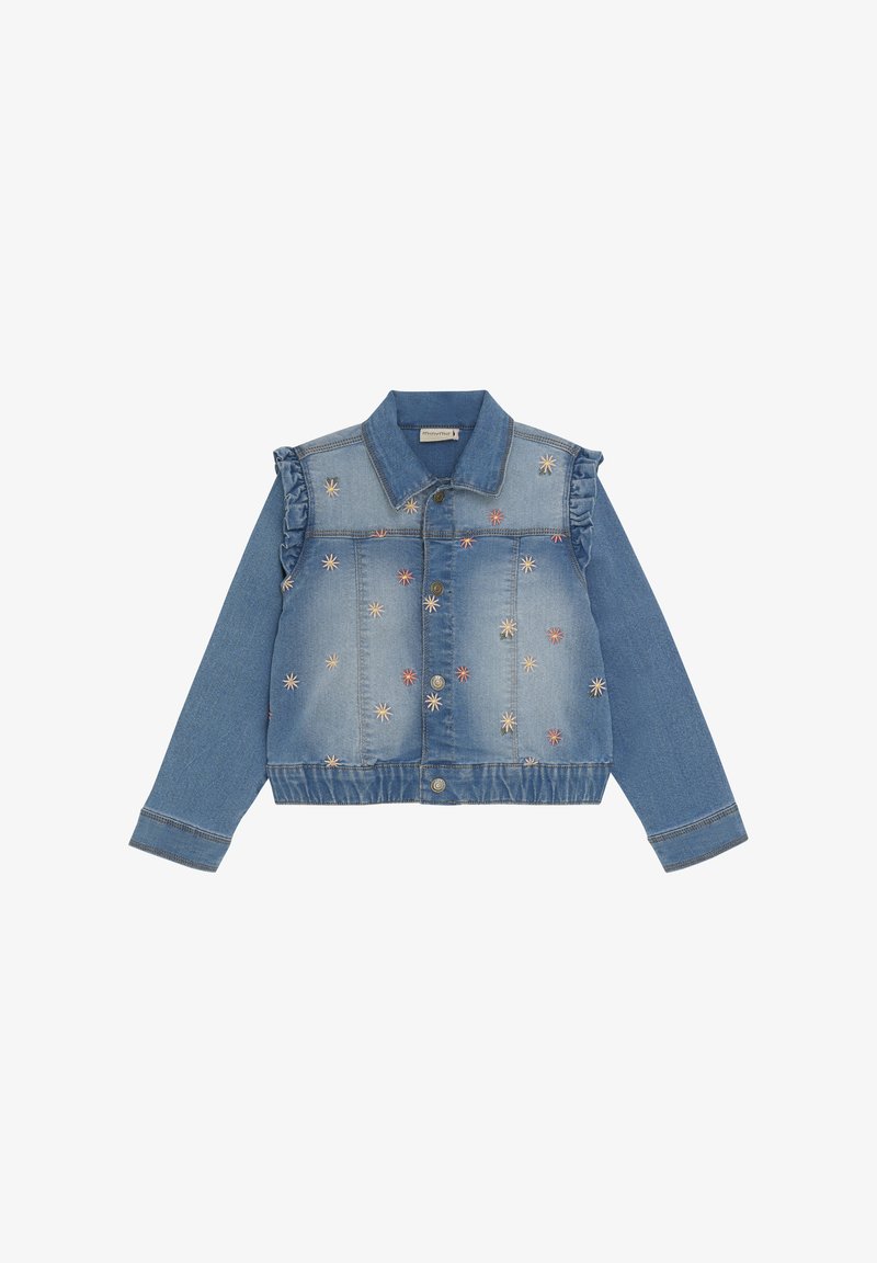 Jeansjacka med broderade blommönster i rosa, gult och blått, volangärmar, knappstängning och elastisk midja.