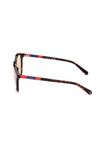 Gafas de sol de carey marrón con lentes marrones, que cuentan con acentos rojos y azules en las patillas y detalle en dorado en el marco.