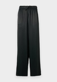 Mustrad laiad püksid, mis on valmistatud siledast kangast, ja millel on elastne vöökoht koos kohandatava nööriga. Lihtne, minimalistlik disain.