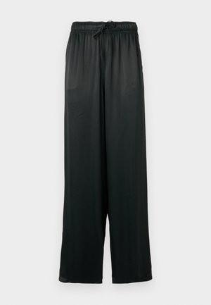 Pantalons larges noirs en tissu lisse, dotés d'une taille élastique avec un cordon de serrage. Design simple et minimaliste.
