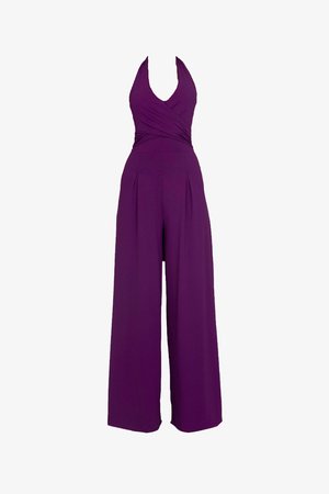 Purple halter-neck jumpsuit with a fitted bodice and wide-leg trousers. Made from a smooth fabric featuring pleated detailing.
