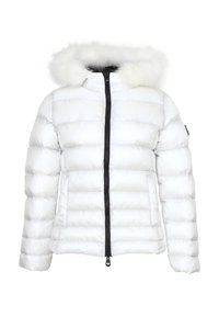 Giacca puffer bianca con chiusura a zip e cappuccio in pelliccia sintetica staccabile. Presenta un design a quadri e due tasche laterali. Dettagli neri sulla zip.