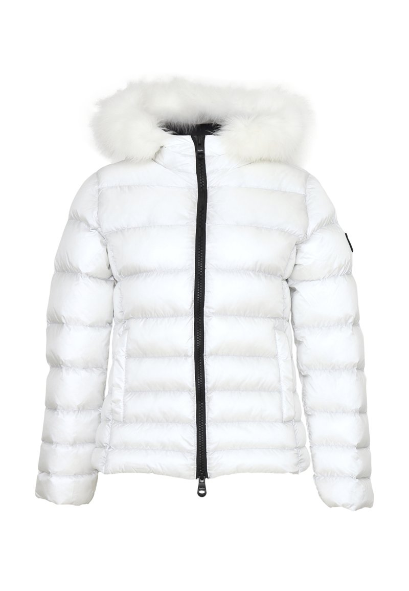 Giacca puffer bianca con chiusura a zip e cappuccio in pelliccia sintetica staccabile. Presenta un design a quadri e due tasche laterali. Dettagli neri sulla zip.
