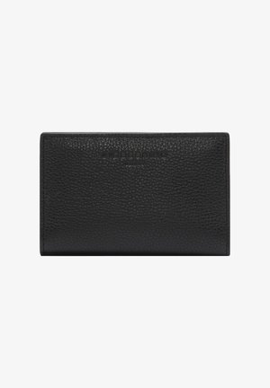 Black textured leather wallet with subtle embossed brand name centered on the front, shown closed against a white background.