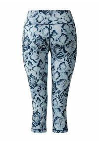 Leggings recortados en azul claro con un patrón de piel de serpiente en azul oscuro, que presentan un diseño ajustado y una cinturilla plana. Tela suave y elástica.
