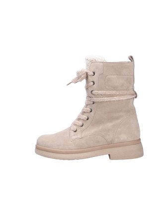 Beige Wildleder-Stiefelette mit Kunstpelzkragen, runder Spitze und flacher Gummisohle. Verfügt über sechs Ösen und dekorative Schnürsenkel.