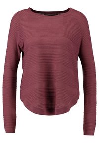 Maglione bordeaux realizzato in un tessuto testurizzato con righe orizzontali, caratterizzato da un collo rotondo, maniche lunghe e un orlo leggermente curvo.