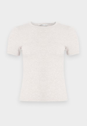 Ανοιχτό γκρι κοντομάνικο μπλουζάκι από ριμπ ύφασμα με στρογγυλή λαιμόκοψη. Απλός σχεδιασμός, ομαλή υφή, χωρίς ορατά μοτίβα ή διακοσμητικά στοιχεία.