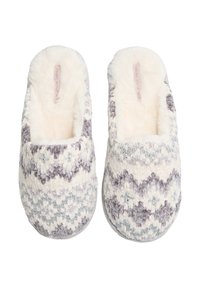 Zapatillas blancas y grises con patrón y un interior suave y peludo. Cuentan con una textura tejida y suela antideslizante para mayor comodidad y estabilidad.