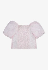 Κοντομάνικο τοπ με ροζ φουσκωτά μανίκια, σφηκοφωλιά στο κεντρικό πάνελ και ανοιχτό ροζ ύφασμα με μικρές καρδιές σε διακριτικό μοτίβο.