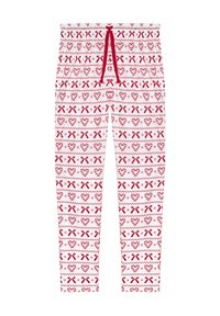 Červeno-bílé tepláky se vzorem srdcí a mašlí, mají elastický pás a červené šnůrky. Měkký, lehký materiál.