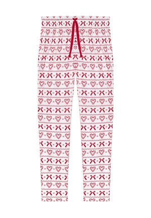 Røde og hvide mønstrede joggers har hjerter og sløjfer, med en elastisk talje og en rød snøre. Blødt, let materiale.