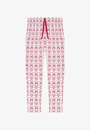 Røde og hvide mønstrede joggers har hjerter og sløjfer, med en elastisk talje og en rød snøre. Blødt, let materiale.