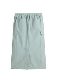 Light blue midi skirt with elastic waistband, two large back pockets, and side cargo pockets with flaps.