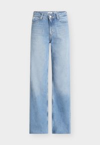 Ανοιχτό μπλε τζιν με ευθεία γραμμή στα πόδια, στυλ με πέντε τσέπες και κλασικό κούμπωμα με κουμπί στη μέση. Ομαλή υφή από τζιν ύφασμα.