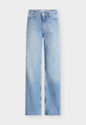 Blugi albăstrui deschis cu design cu picior drept, stilizare cu cinci buzunare și închidere clasică cu nasturi în talie. Textură netedă din denim.