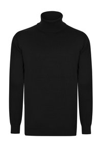 Schwarzer Rollkragenpullover aus geripptem Strickmaterial, mit langen Ärmeln und einer figurnahen Silhouette sowie einem hohen Kragen.