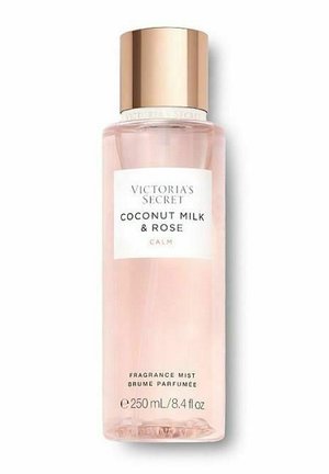 Victoria's Secret Coconut Milk & Rose duftmistflaske med rosaguld låg, 250 ml, mærket "Calm" på en hvid baggrund.