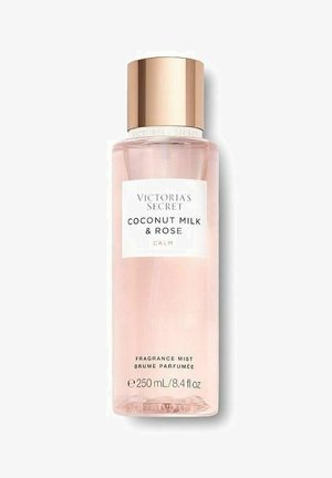 Victoria's Secret Coconut Milk & Rose duftmistflaske med rosaguld låg, 250 ml, mærket "Calm" på en hvid baggrund.